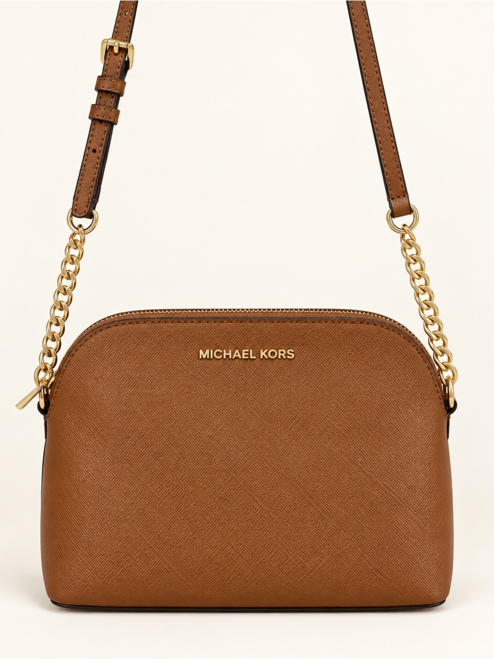 NWOT Michael Kors Cindy Dome Brown Saffiano Leather Crossbody with Gold Chain
